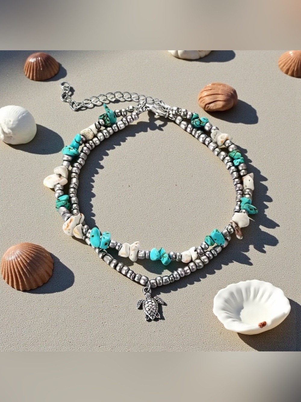 🩶Turquoise & White Turtle Charm Layered Anklet/NIP🩶